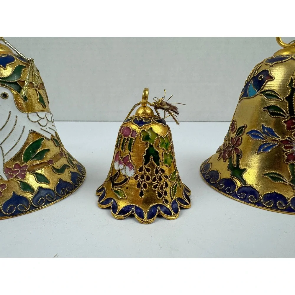 Vintage Precious Cloisonne Bells Set of 3 Gold Plated Enamel Chinese Art Decor